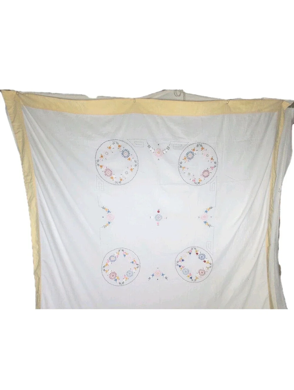 Vintage 1940s Tablecloth Hand Embroidered Art Deco 100% Cotton Summer Quilt Ooak